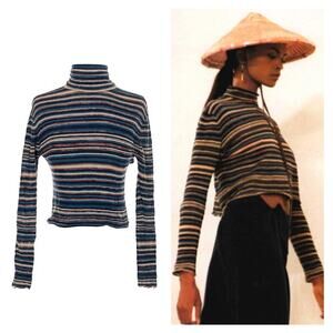 Ralph Lauren Collection Runway 1994 Long Sleeve Turtleneck Top Crop Blue Stripe